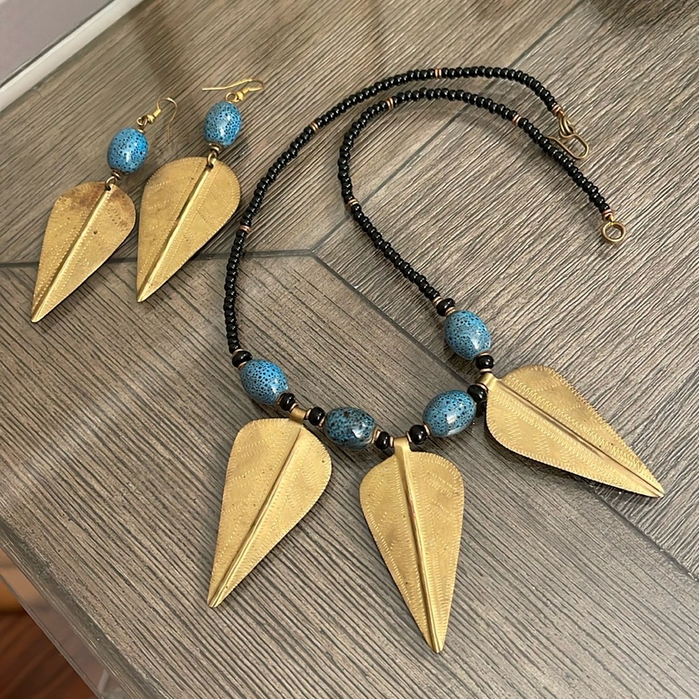 Vintage Blue Glass Bead & Brass Tribal Necklace & Earrings